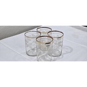 Elegant Vintage Etched Grapevine Highball Glass with Gold Rim Set of 4